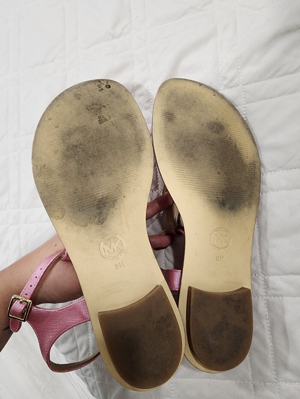 Michael Kors Mallory T-Strap Flat Sandals Pink Crosshatch Gold MK Medallion 8 - Picture 7 of 13